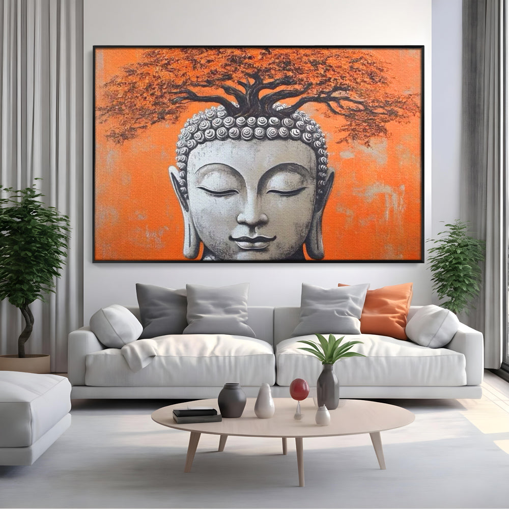 Tablou canvas cu tablou canvas cu capul lui buddha si copac, in rama de aluminiu negru, pe perete intr-un living